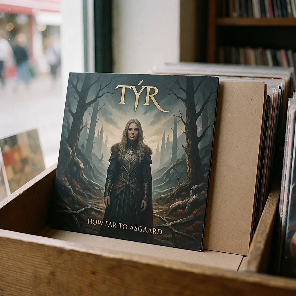 La pochette de How Far to Asgaard, premier album de Týr, dans un bac de disquaire
