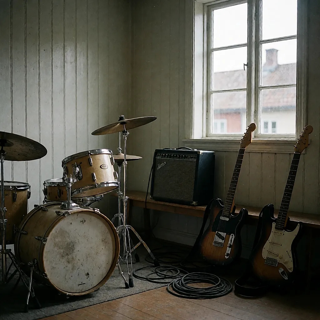 Une salle de répétition partagée : batterie, ampli et guitares contre une paroi en bois