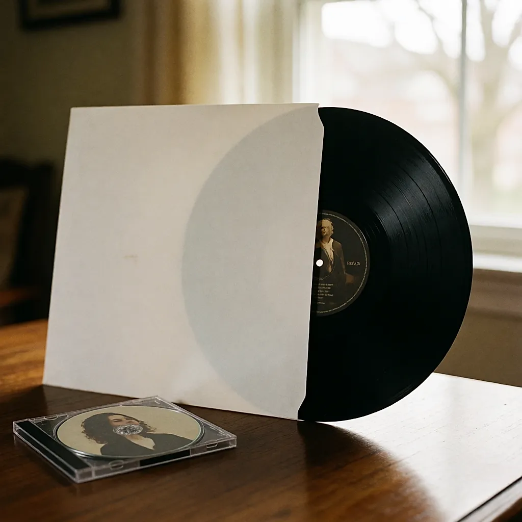 Un vinyle sorti de sa pochette et un CD posés sur une table en bois