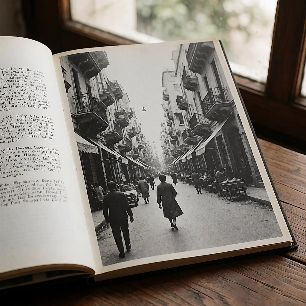 Page de livret ouverte montrant une photographie de Beyrouth des années 1960 et les notes de la compilation