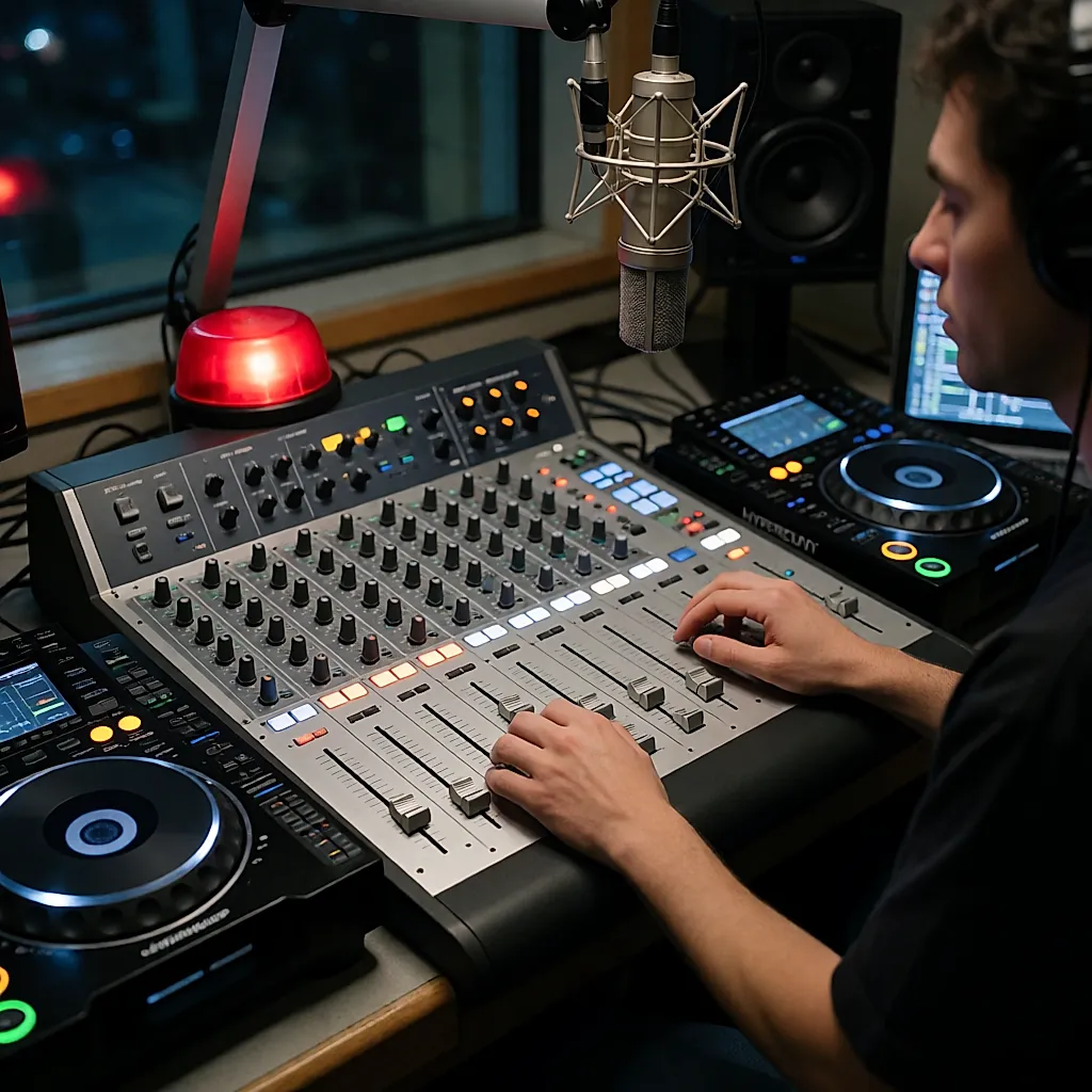 Table de mixage, platines CDJ et micro suspendu dans le studio de radio HYPERHOUSE