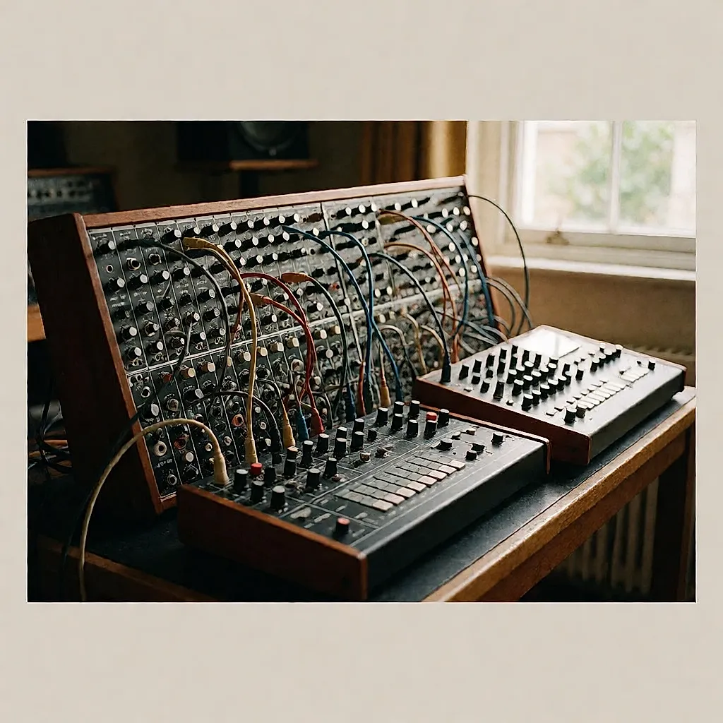 Détail d'un mur de synthétiseurs modulaires et d'une boîte à rythmes en studio