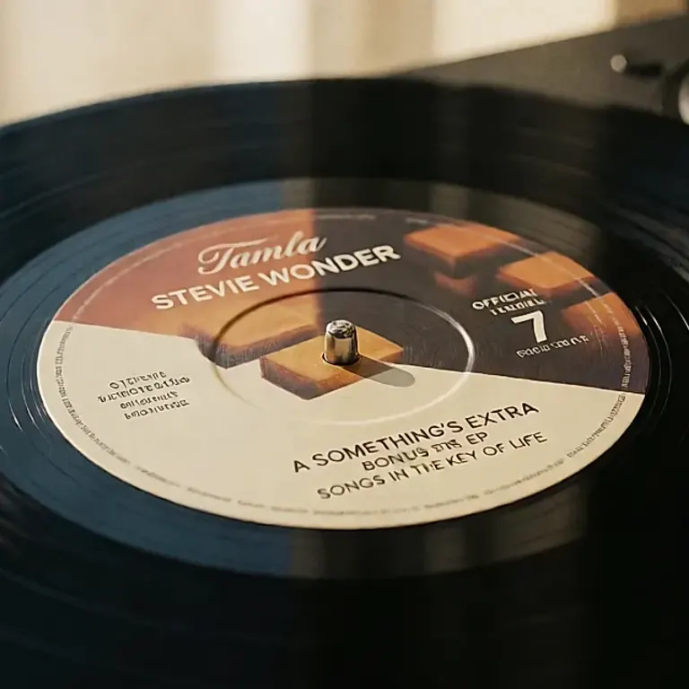 Gros plan sur l’étiquette ronde d’un vinyle 7 pouces Tamla posé sur une platine, sillons noirs et lumière chaude.
