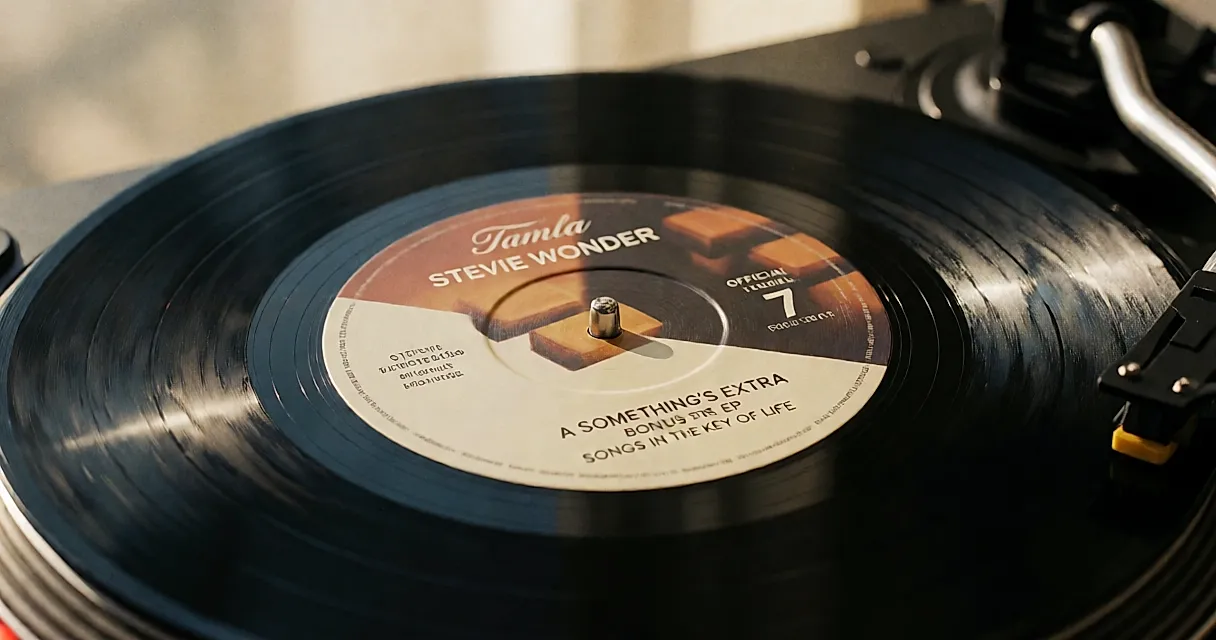 Gros plan sur l’étiquette ronde d’un vinyle 7 pouces Tamla posé sur une platine, sillons noirs et lumière chaude.