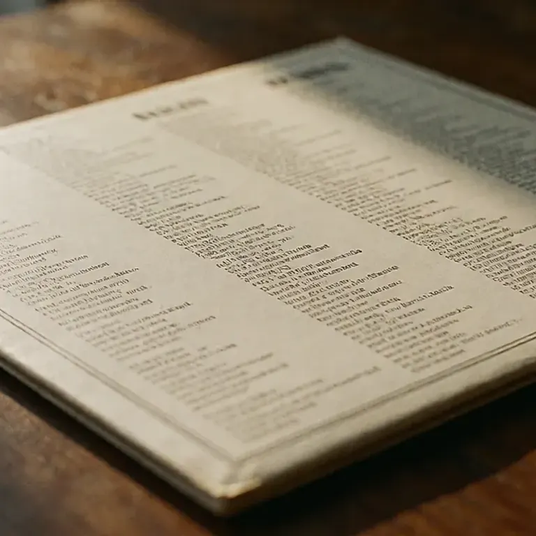 Illustration générée évoquant le dos d’une pochette de vinyle, avec une liste de crédits imprimée en petits caractères.