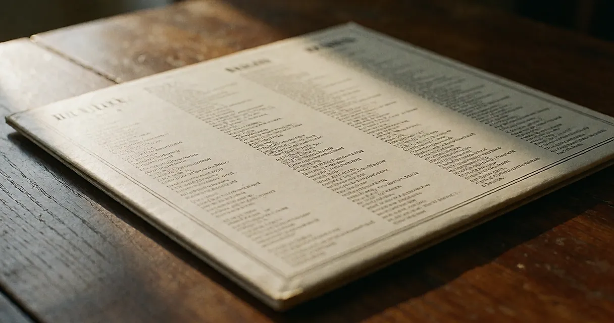 Illustration générée évoquant le dos d’une pochette de vinyle, avec une liste de crédits imprimée en petits caractères.