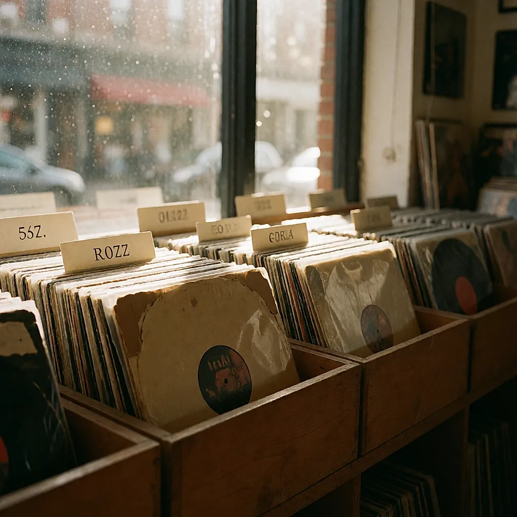 Bacs de vinyles d'occasion dans une boutique indépendante, entre rééditions et pressages d'époque