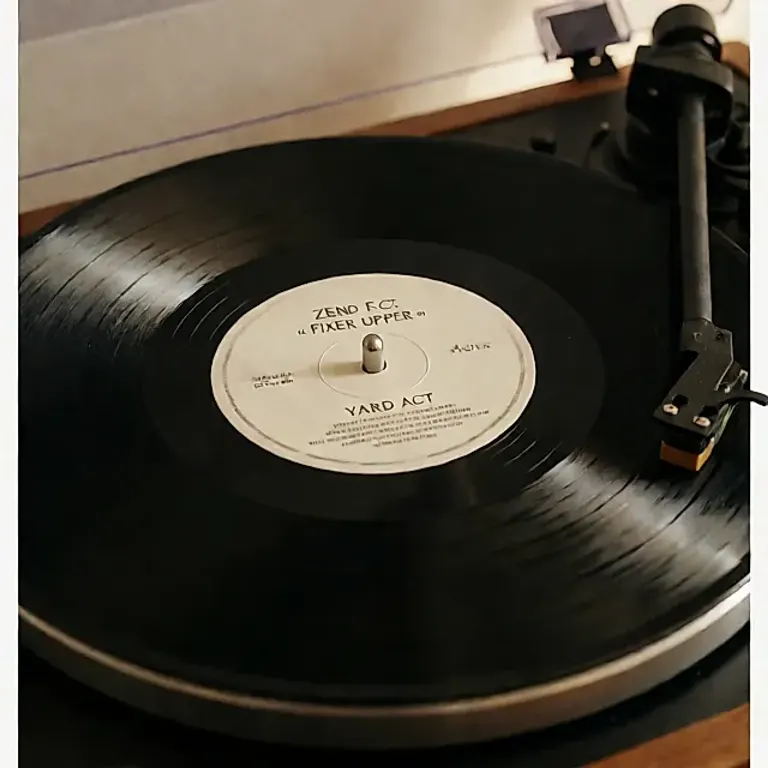 Un vinyle noir de « Fixer Upper » tourne sur une platine, étiquette centrale et sillons visibles, lumière chaude.