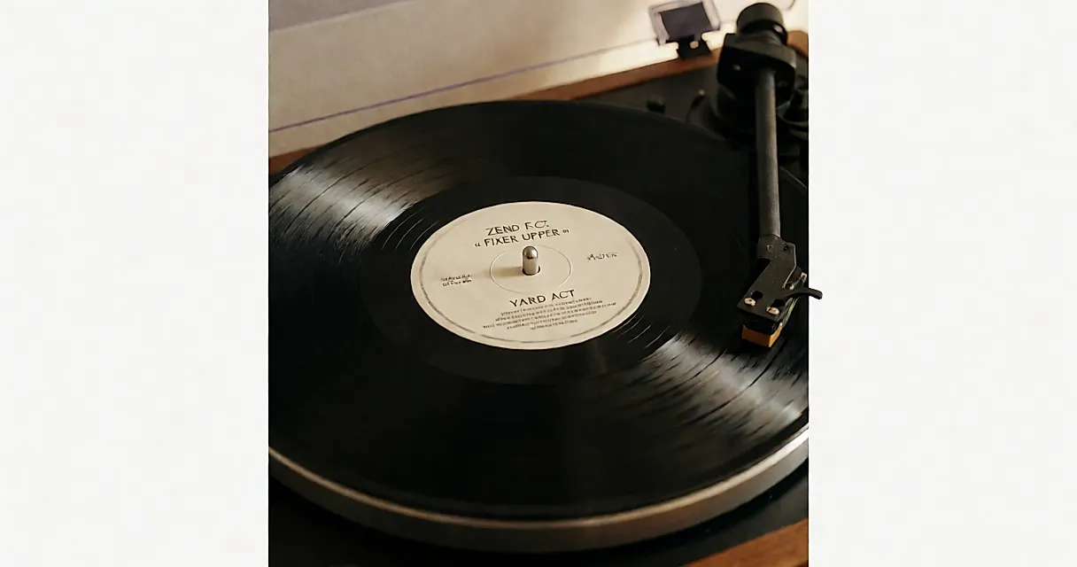 Un vinyle noir de « Fixer Upper » tourne sur une platine, étiquette centrale et sillons visibles, lumière chaude.