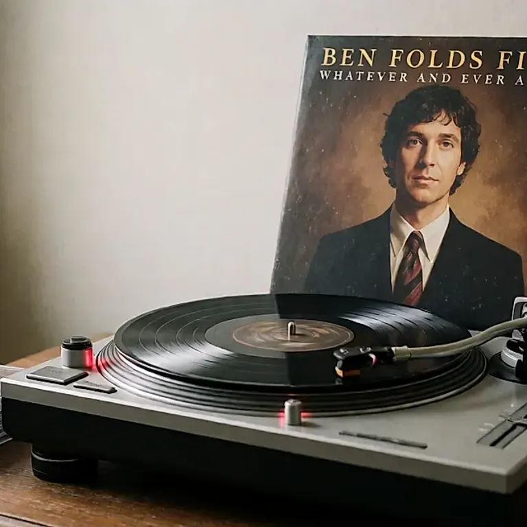 Illustration générée : un vinyle sur une platine, des boîtiers de CD et une table en bois, évocation d’un disque des années 1990