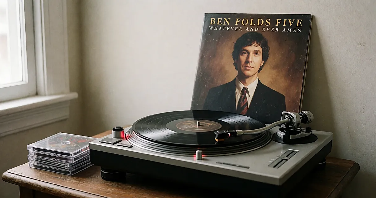 Illustration générée : un vinyle sur une platine, des boîtiers de CD et une table en bois, évocation d’un disque des années 1990