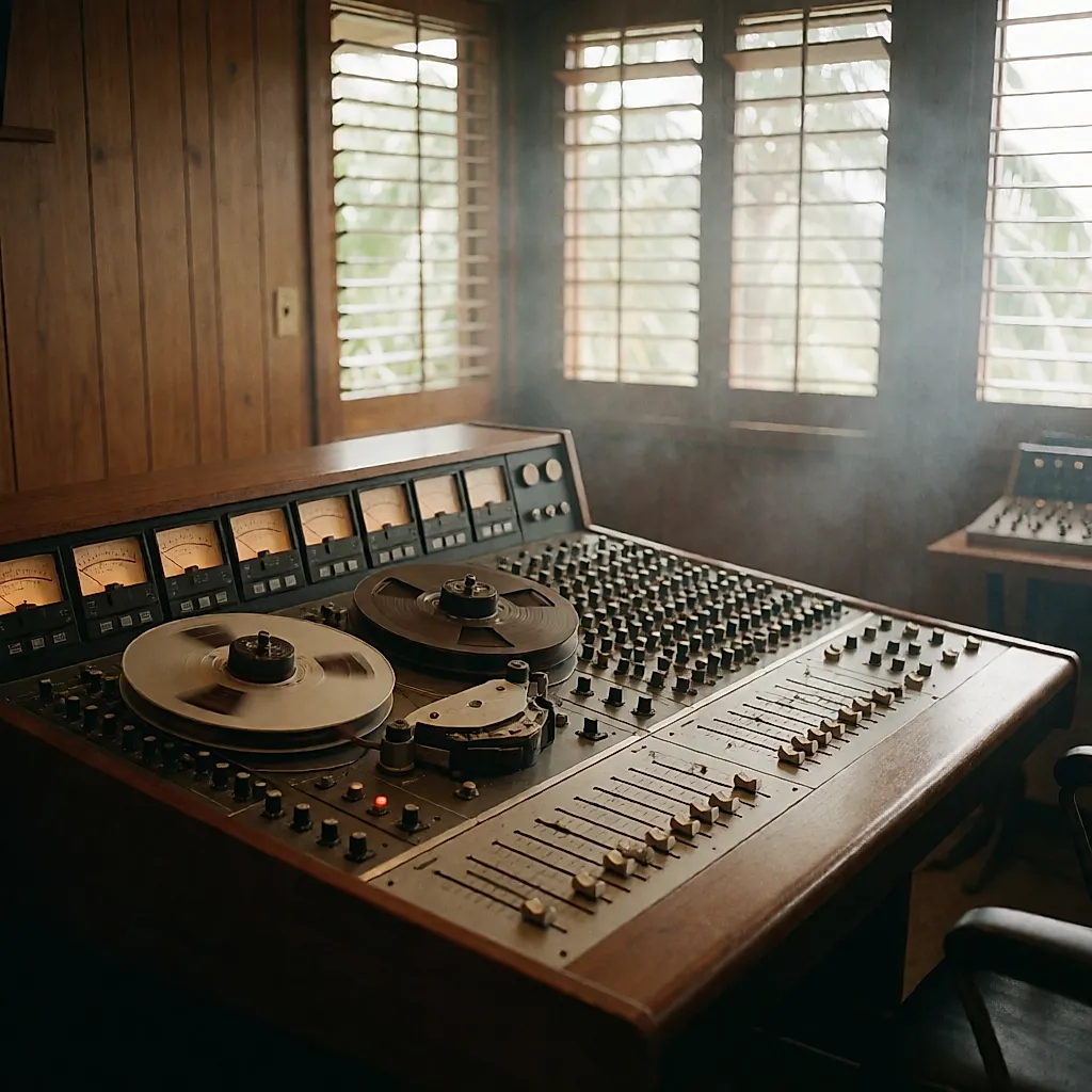 Magnétophone multipiste à bandes dans un studio en bois, bobines et vu-mètres sous la lumière tropicale