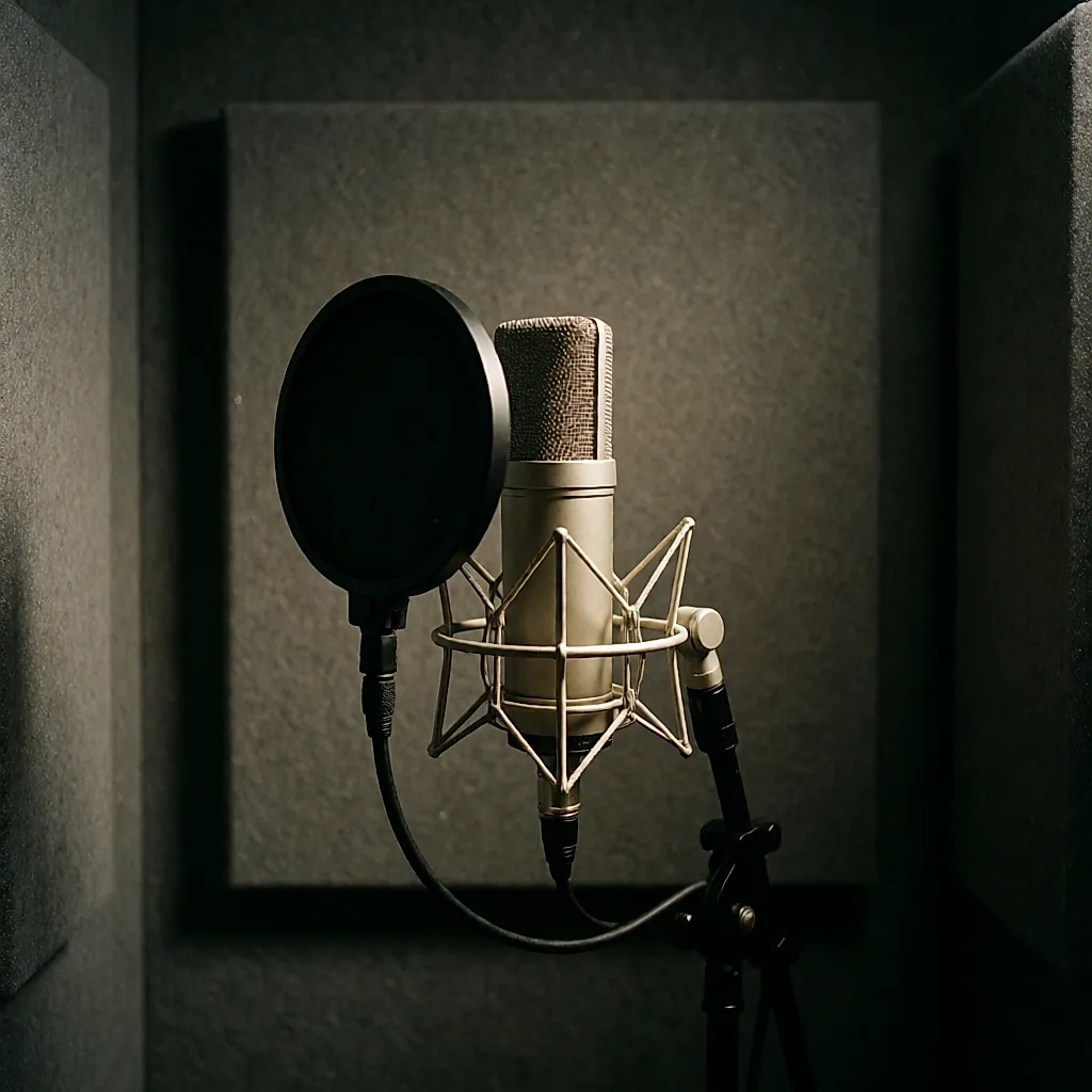 Microphone à condensateur dans une cabine de voix, filtre anti-souffle et mousse acoustique grise